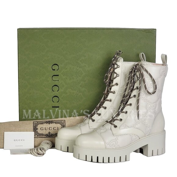 GUCCI BOOTS ANKLE WHITE GG LOGO LEATHER QUILTED LACE-UP  sz 41 11 US - Picture 6 of 15
